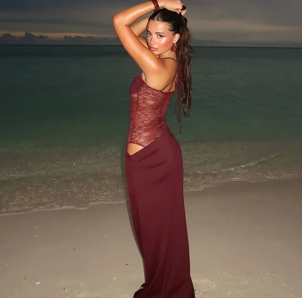 Lace Trim Y2K Slip Maxi Dress.